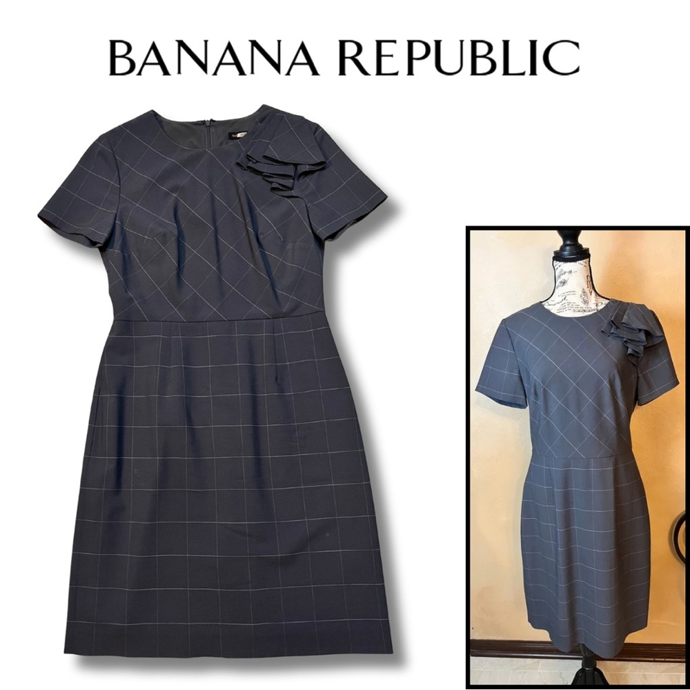 Banana Republic Charcoal Gray Checkered Plaid Stripe Midi Pencil Dress, size 8